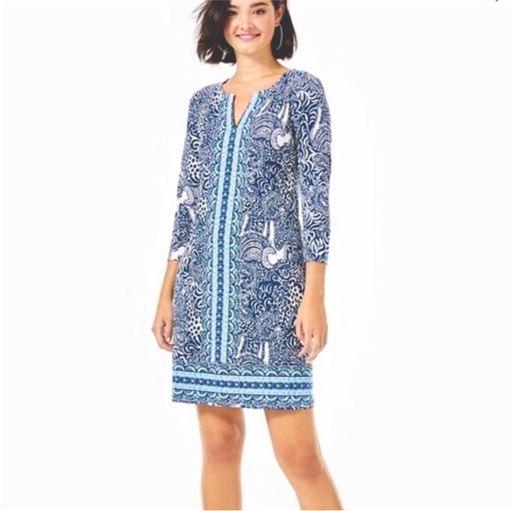 Lilly Pulitzer Nadine Chilly Lilly Dress High Tide Elephant Blue Floral Sz S
